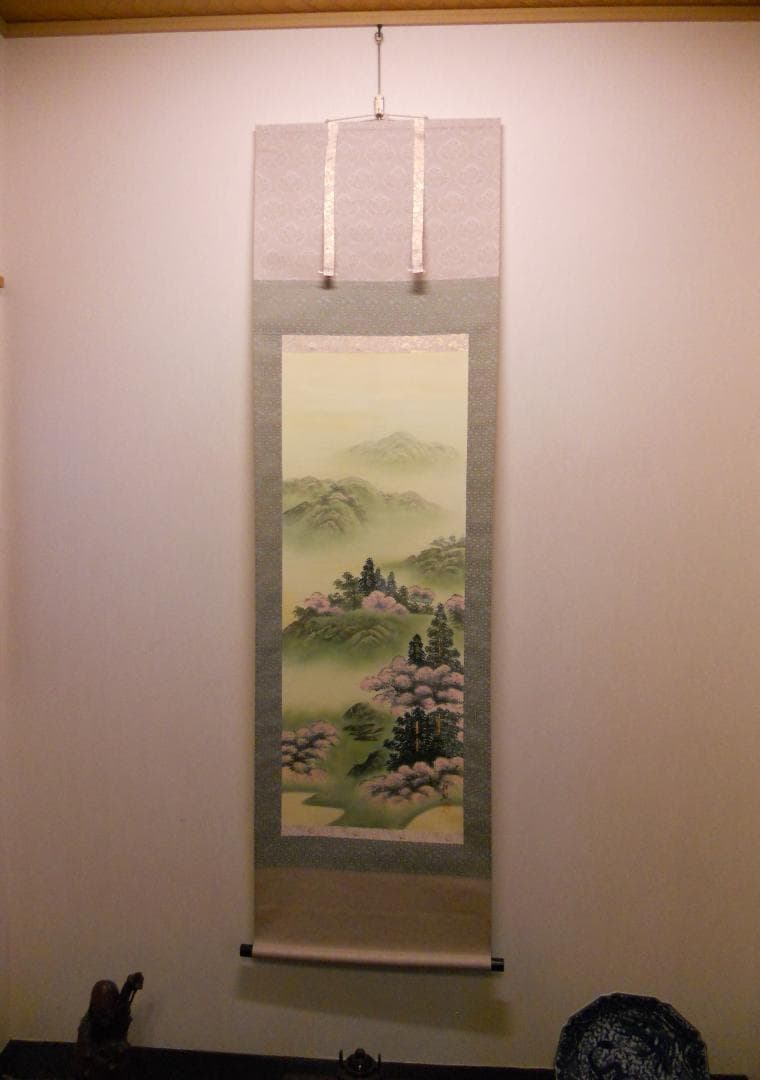 掛け軸 竹内松風 桜花山景 絹本 希少 軸装 茶道具 掛軸 美品 です。