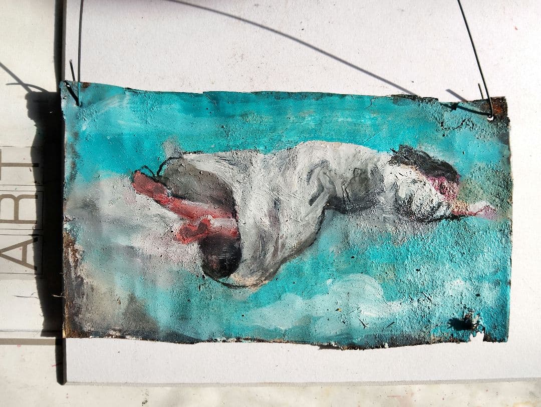 油彩画 人物像 青色背景浮遊