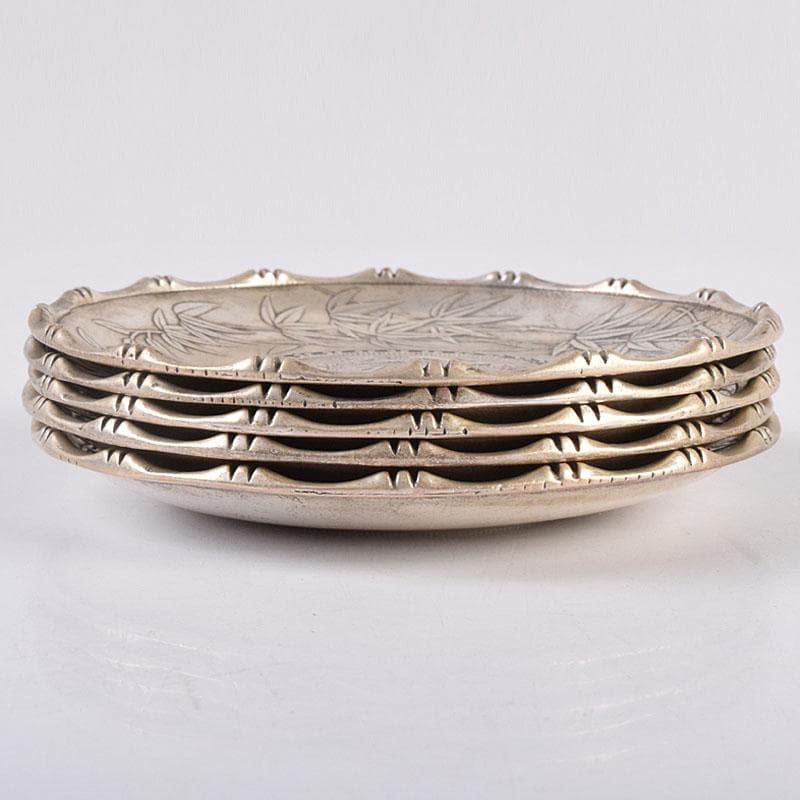 煎茶道具　中華銀幣刻印装飾　龍笹文茶托　五客　壹圓　C　R8917