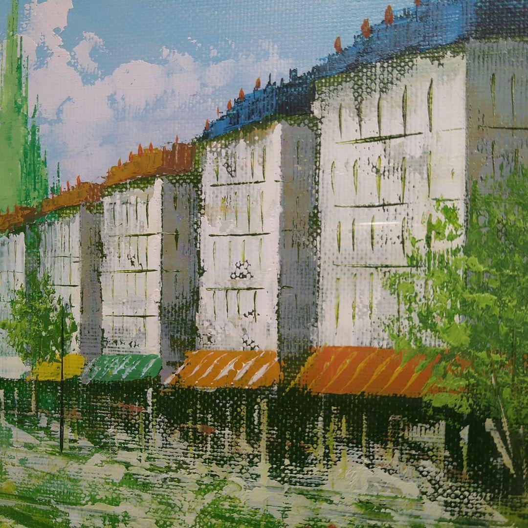 真作保証広瀬和之油絵【塔のある街】パリの街應美会会員人気作家風景画額縁縞黒額装
