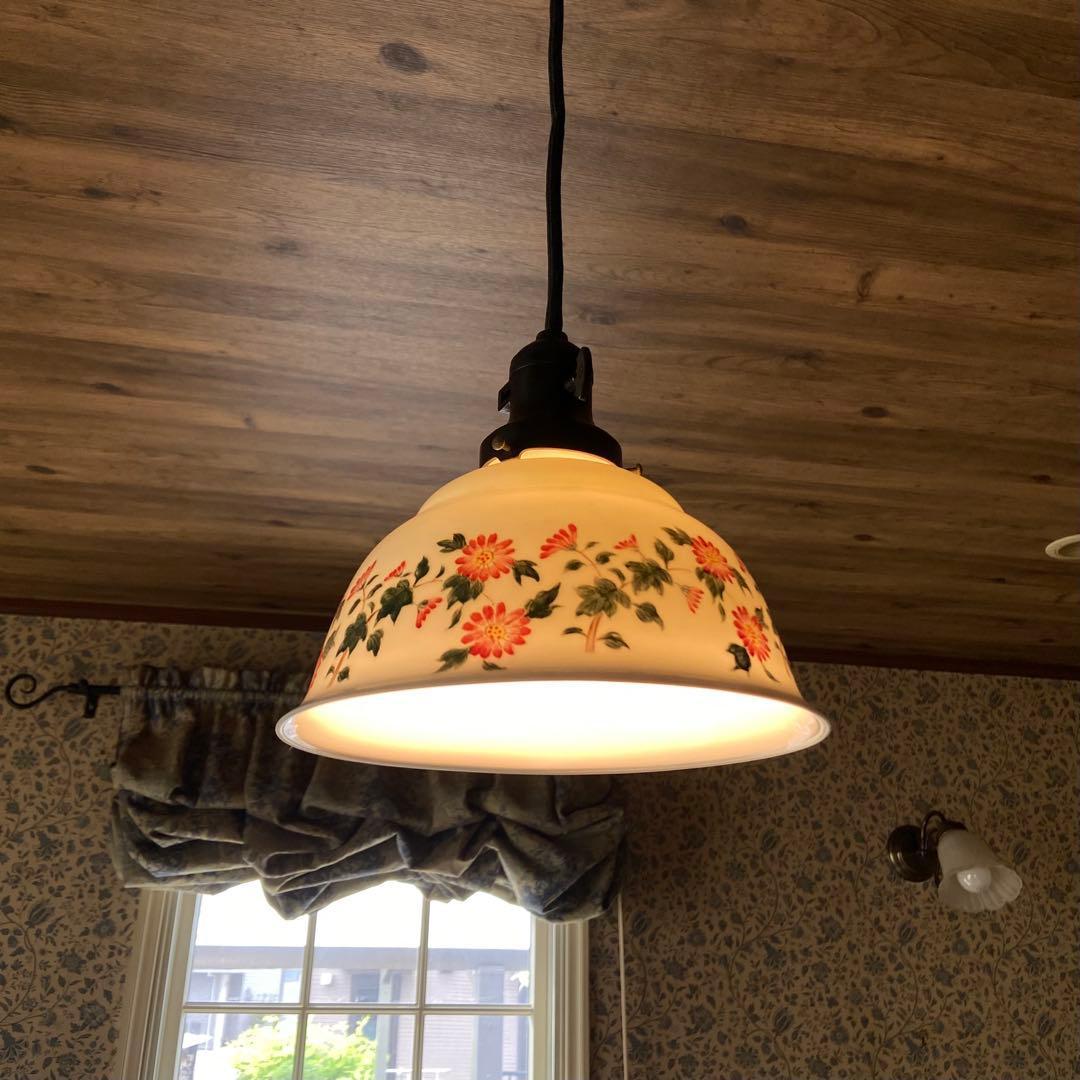 アンティーク照明　電笠　花柄絵付　磁器シェード　ペンダントライト
