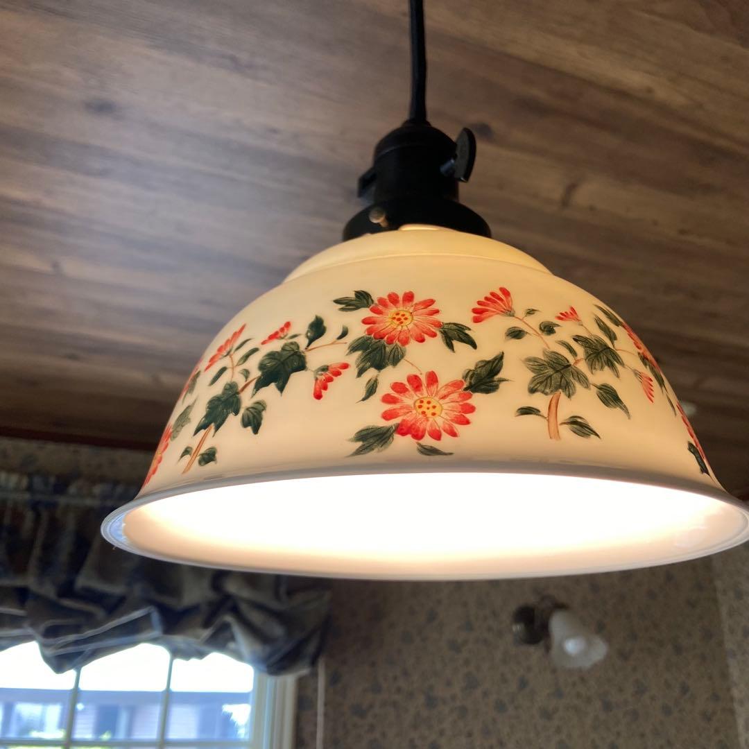 アンティーク照明　電笠　花柄絵付　磁器シェード　ペンダントライト