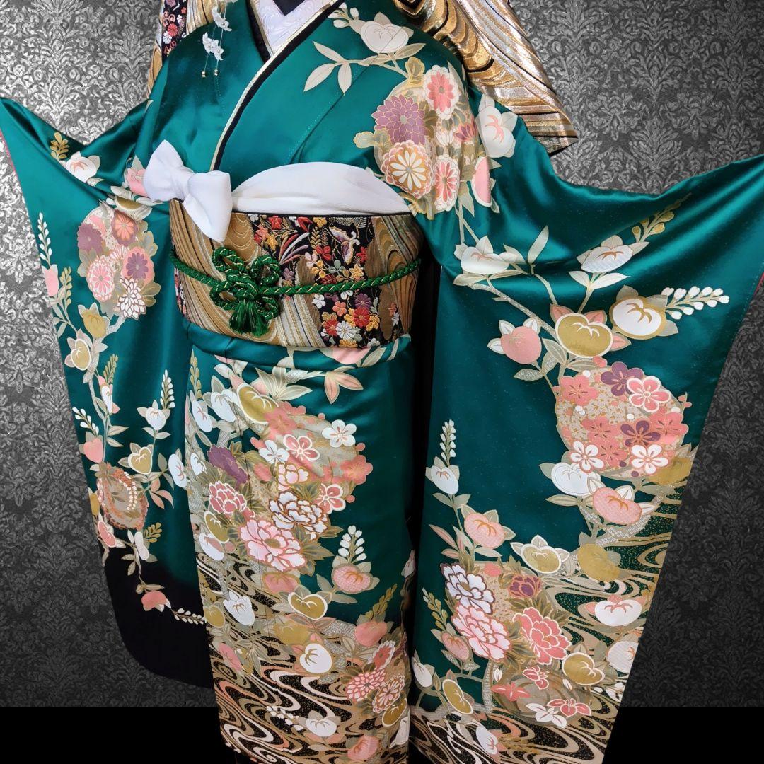 振袖フルセット(7点)・古典柄・金駒刺繍・金彩加工・鹿の子柄・正絹