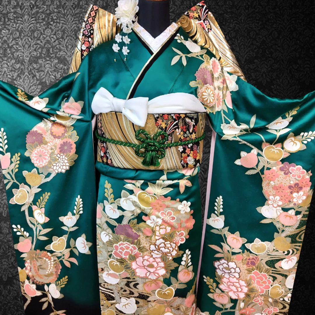 振袖フルセット(7点)・古典柄・金駒刺繍・金彩加工・鹿の子柄・正絹