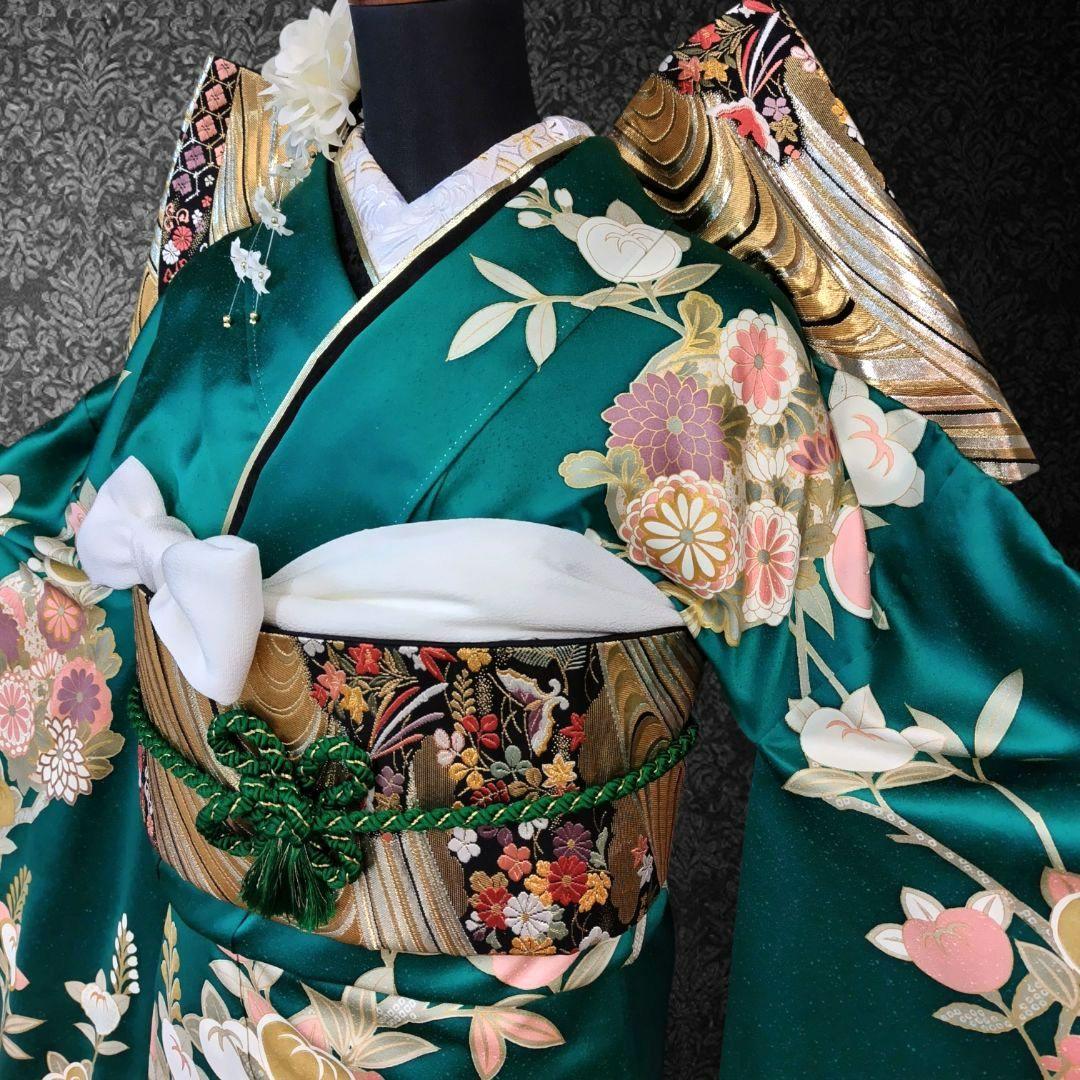 振袖フルセット(7点)・古典柄・金駒刺繍・金彩加工・鹿の子柄・正絹