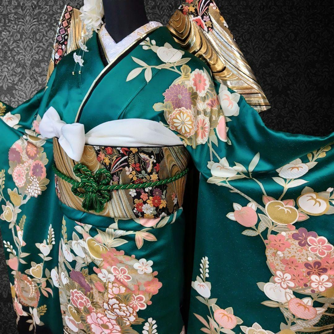 振袖フルセット(7点)・古典柄・金駒刺繍・金彩加工・鹿の子柄・正絹