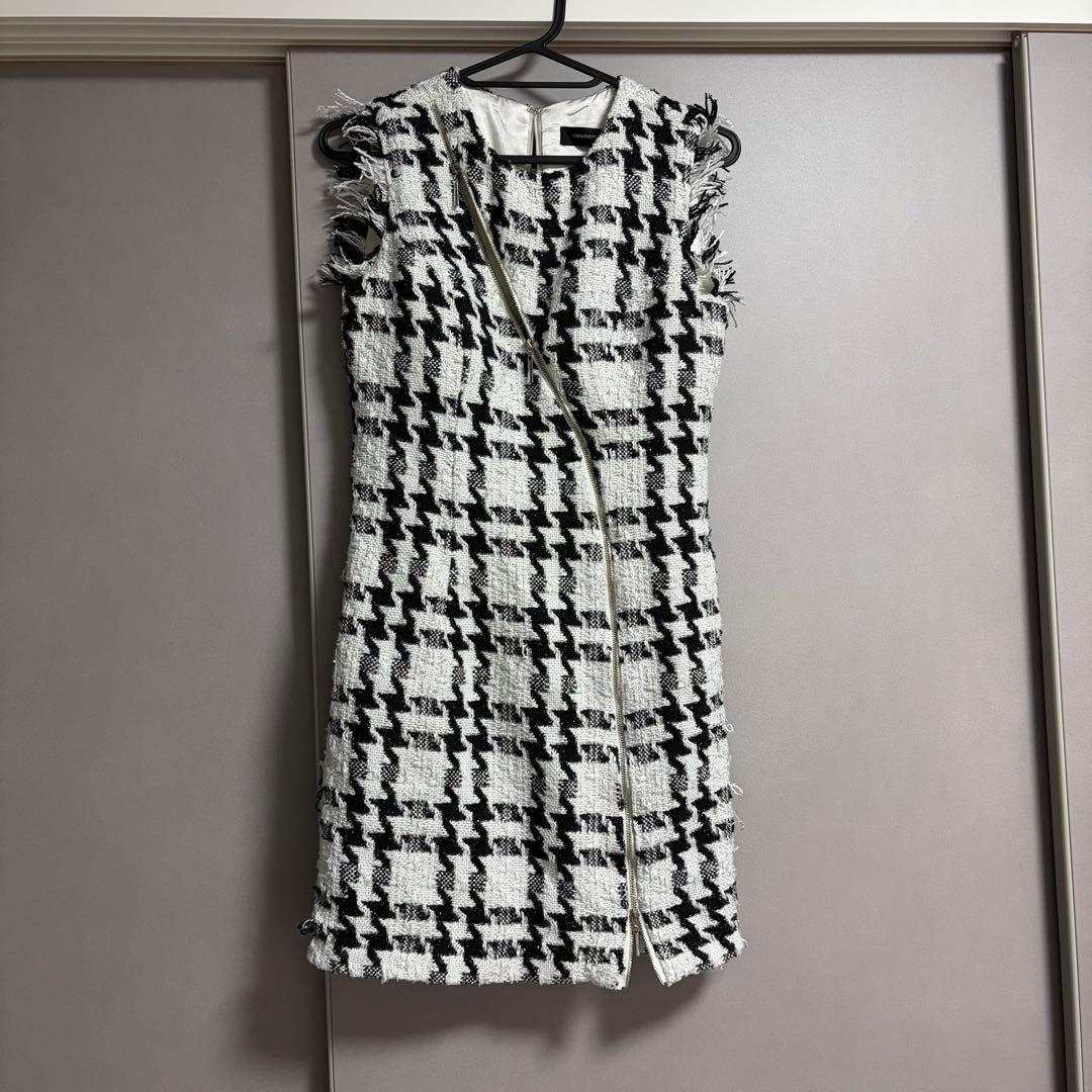 ROBE de FLEURS ジッパー×ラメツイードタイトミニキャバドレス　白