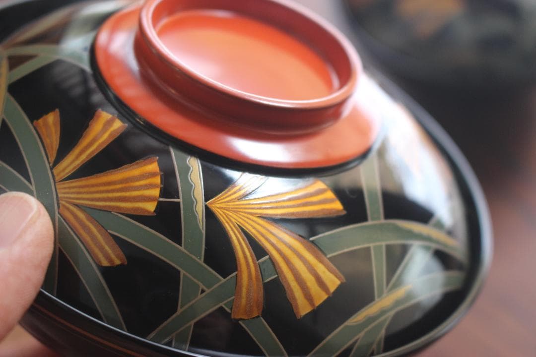 デッドストック！極上ススキ文に優美な内銀雁蒔絵の大椀2点（検輪島塗蒔絵椀雑煮椀