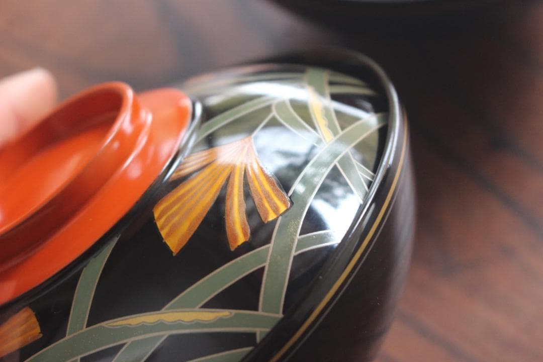 デッドストック！極上ススキ文に優美な内銀雁蒔絵の大椀2点（検輪島塗蒔絵椀雑煮椀