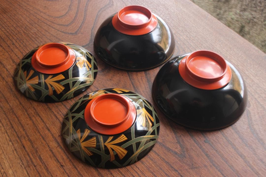 デッドストック！極上ススキ文に優美な内銀雁蒔絵の大椀2点（検輪島塗蒔絵椀雑煮椀