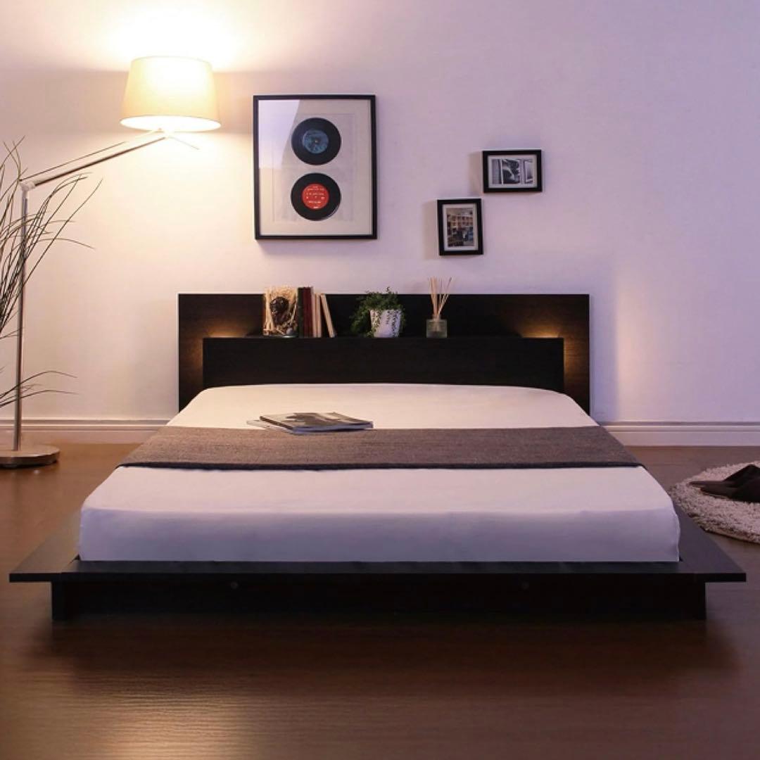 【新品未使用】宮棚ライト付きローベッド シングル 黒木製 コンセント付きホテル風