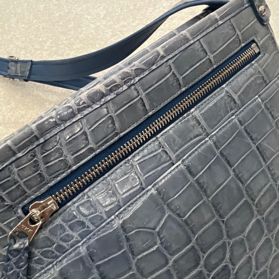 り*様 【極美品】　JRA認定　クロコダイル　ショルダーバッグ　ブルーグレー