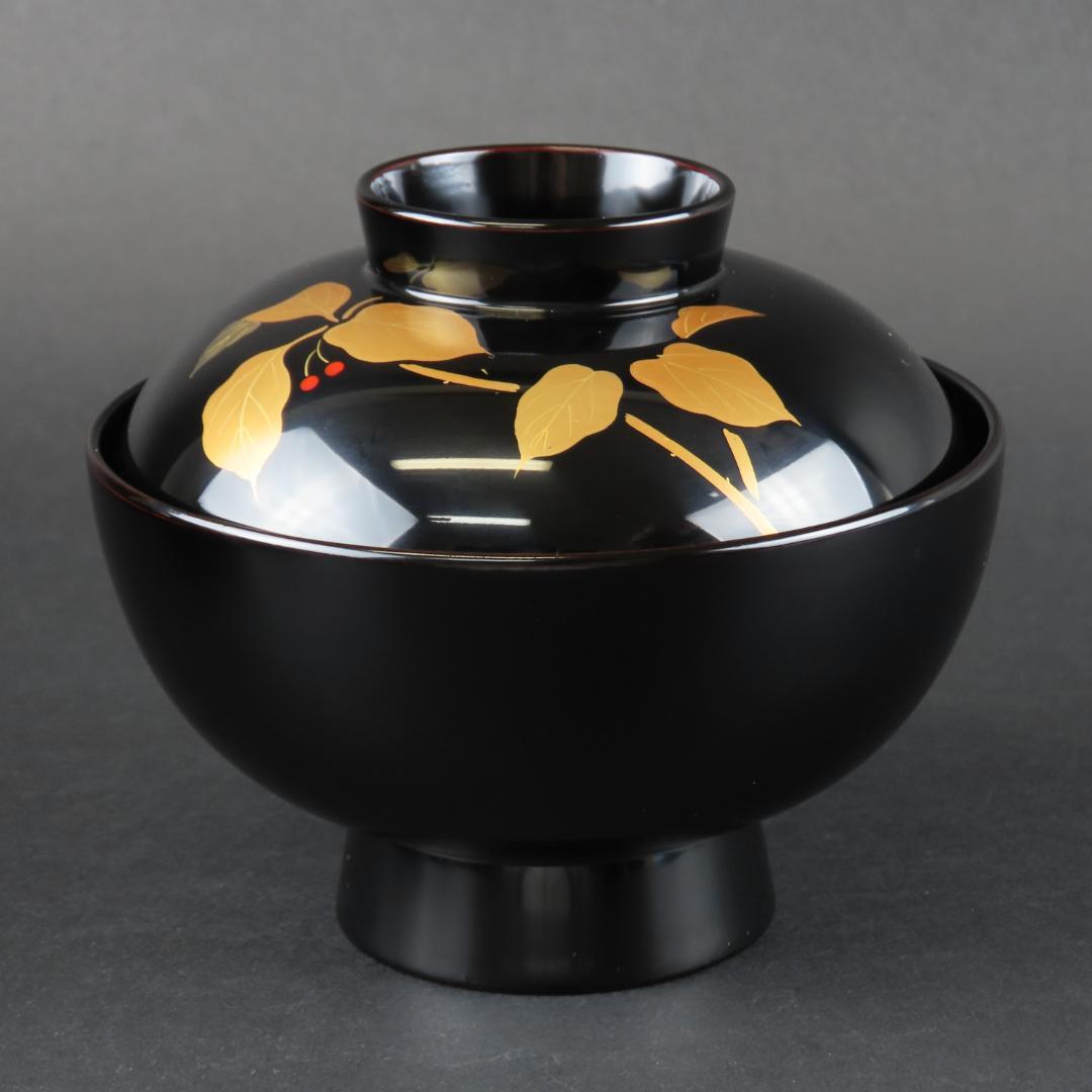 317 美品良好 極上越前塗 吸物椀５客 ソヨゴの実文様 蒔絵 木製漆器/輪島塗