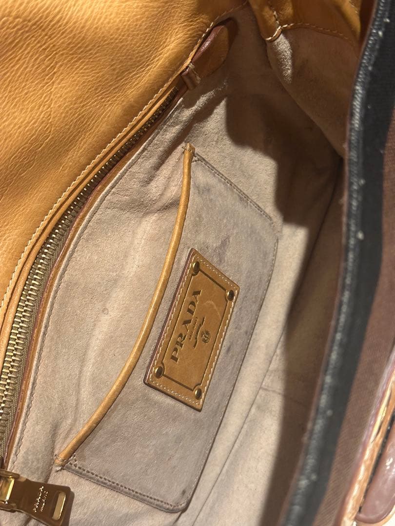 PRADA ブラウン ホワイトストライプ キャンバス地ハンドバッグ