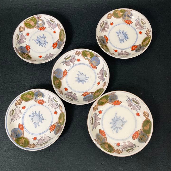 蔵出し　骨董　小皿　5枚セット　うさぎ　風炉釜　桃図
