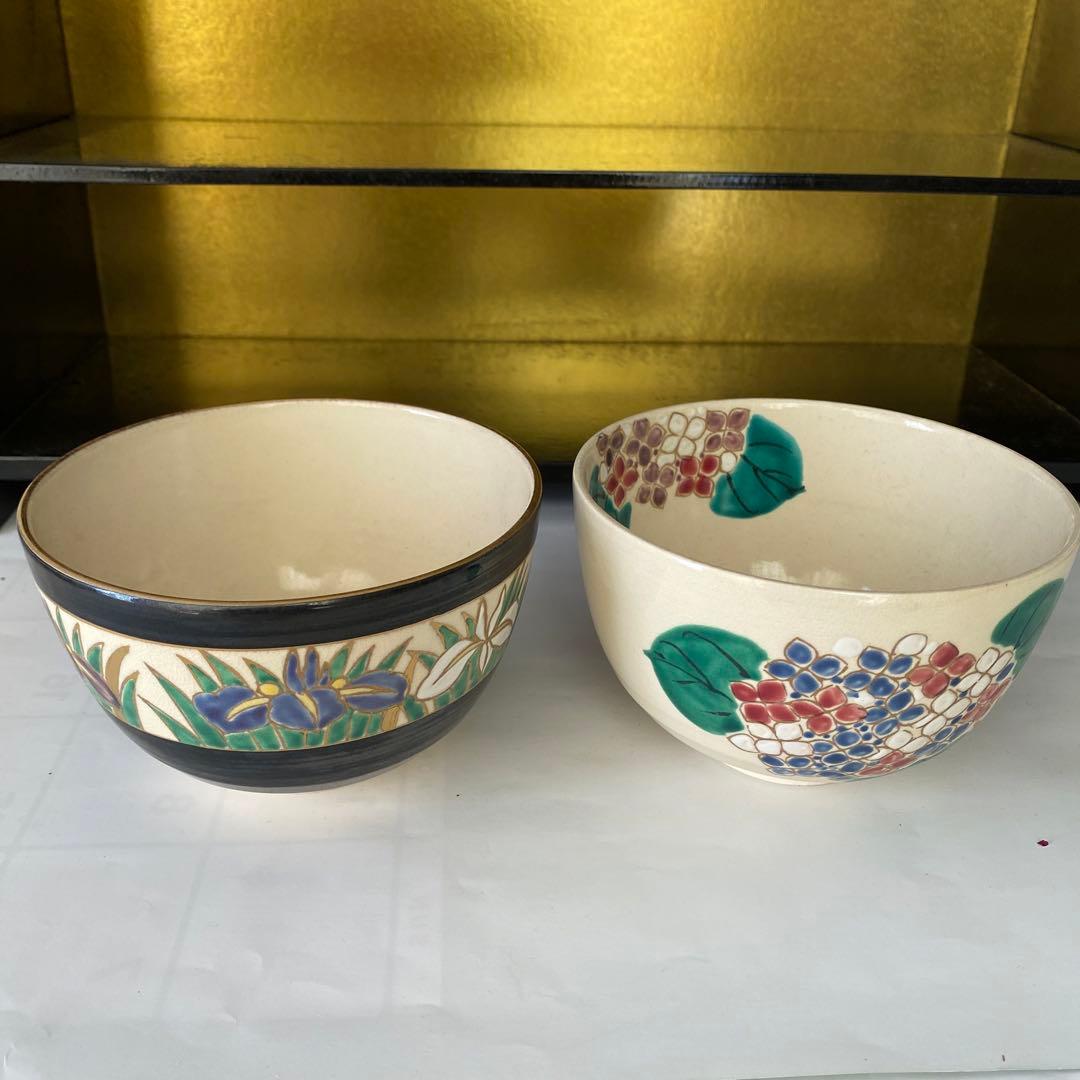 絵付抹茶茶碗（萬葉四季花）清水焼・岩崎起久雄絵付