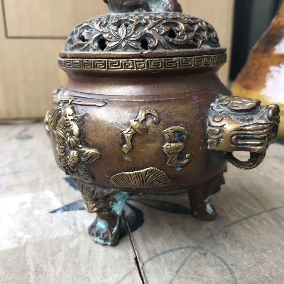 中国 骨董 銅香炉 獅子 野獣足 時代物 「大明宣徳」刻印