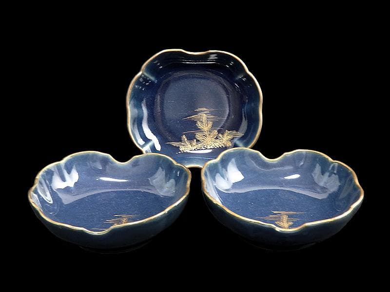 古伊万里　瑠璃　若松の図　膾皿　３客　C167AS-CTh