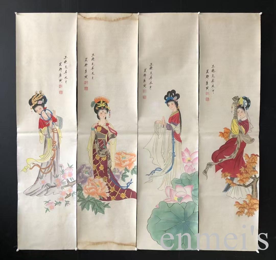 中国古美術・仕女人物四条屏画芯・唐寅印款・水墨彩色画・純手描き・文房置物・宣紙・
