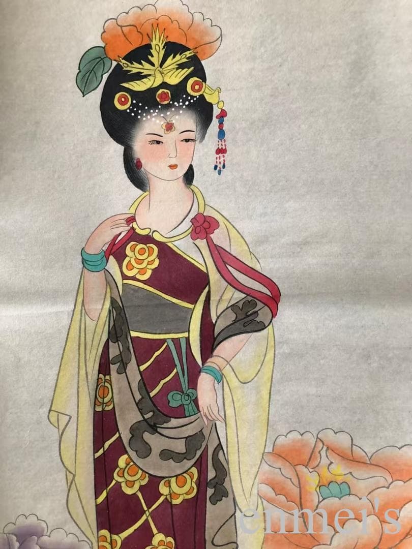 中国古美術・仕女人物四条屏画芯・唐寅印款・水墨彩色画・純手描き・文房置物・宣紙・