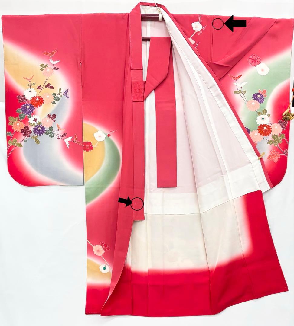 七五三着物　7才　女児　四つ身　雪輪に花々／ピンク系《子供490》#江戸小もーん