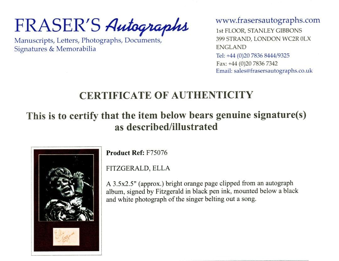 Ella Fitzgerald　直筆サイン（鑑定書付き）
