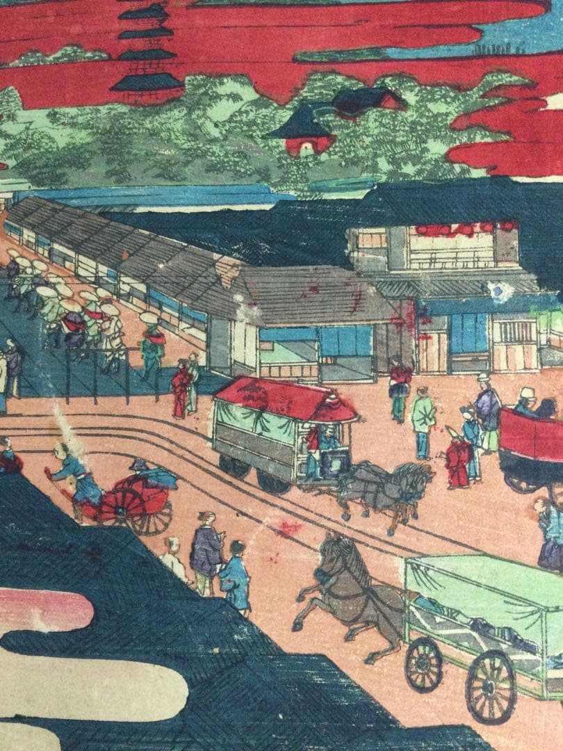 版画 東京浅草金龍山並ニ鉄道馬車繁栄之図 栄斎重清画 明治十五年 T795