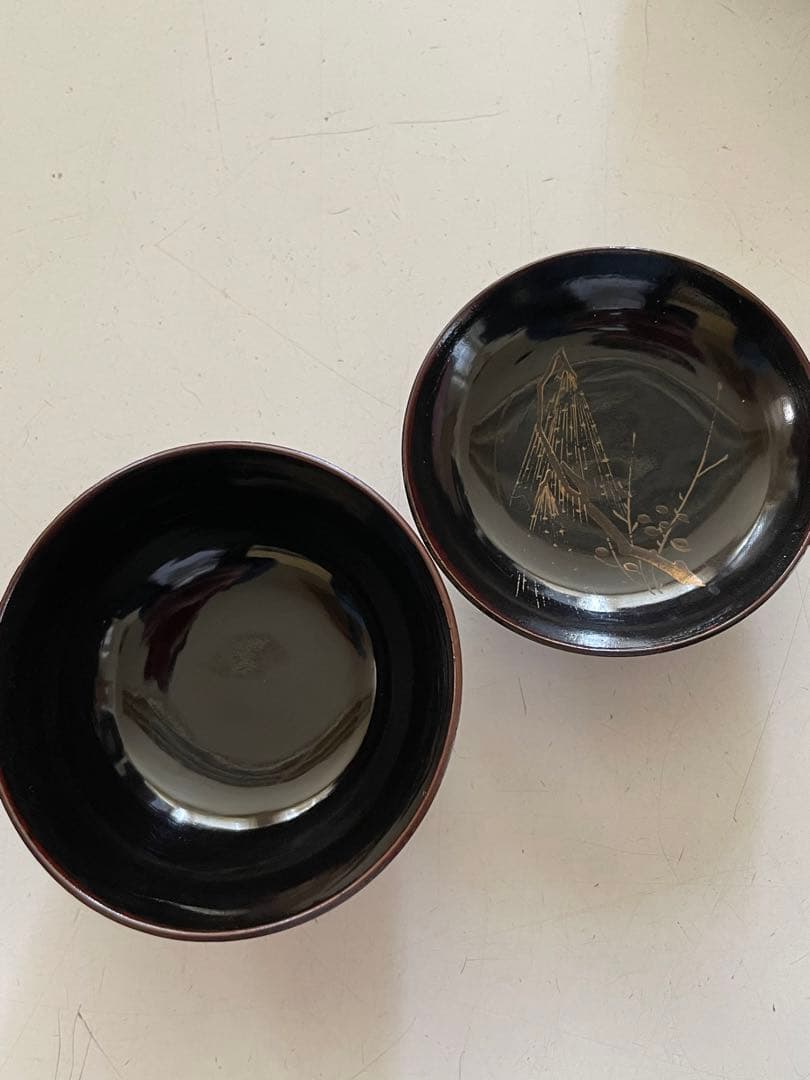 時代 漆塗木製 筋目金蒔絵 網干花木 小椀 9客セット 共箱 漆器 懐石道具