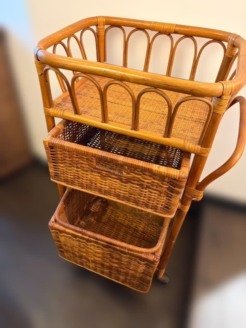台湾製 ラタン バスケットラック 収納 キャスター付き 3段 ヴィンテージ