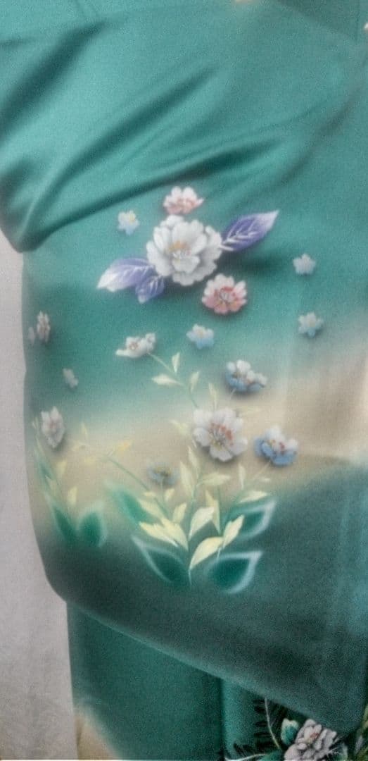 付け下げ、訪問着ブルーグリーン色、花柄入、身丈175cm
