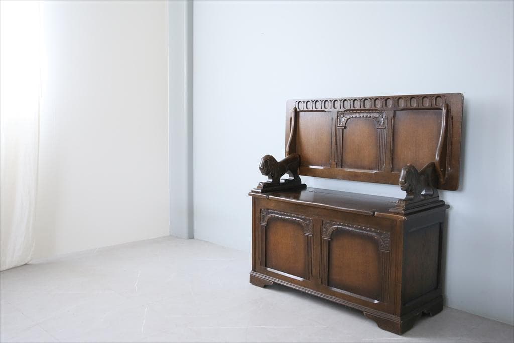 英国アンティーク木製モンクスベンチ/椅子イスチェア/収納机テーブル(88-119