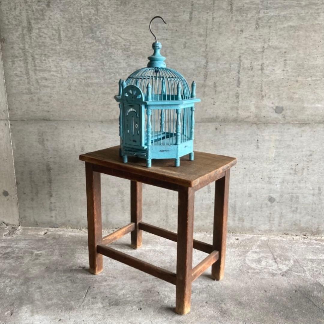 鳥籠 バードゲージ カゴ 小鳥 置物 吊り下げ 水色 青 シャビー レトロ