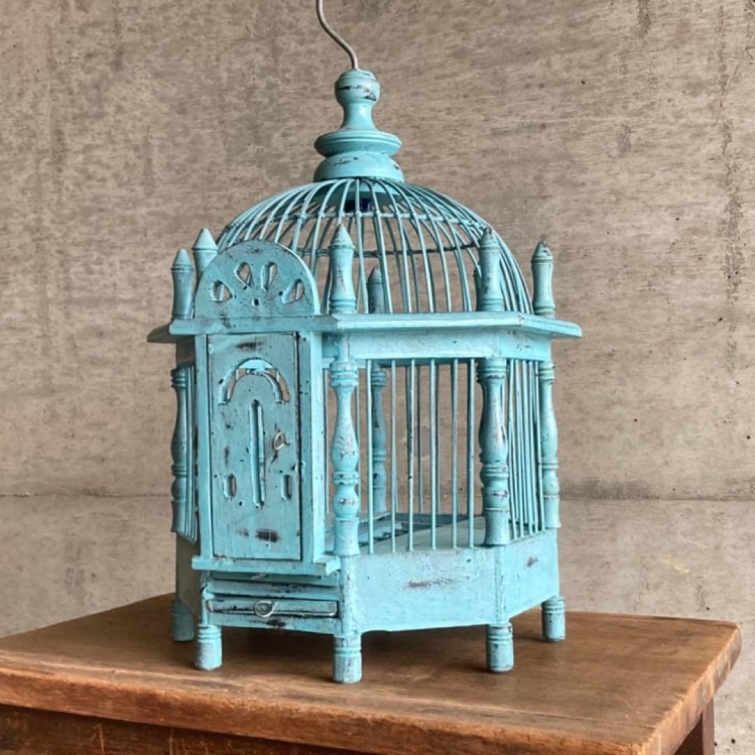 鳥籠 バードゲージ カゴ 小鳥 置物 吊り下げ 水色 青 シャビー レトロ