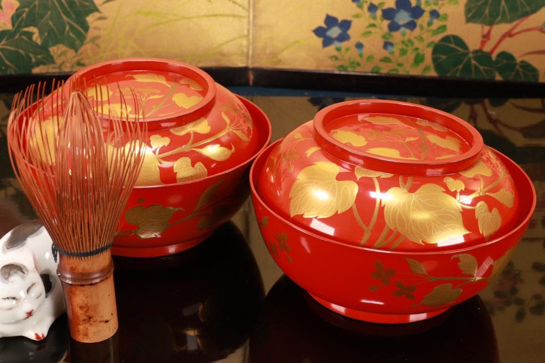 BK129　時代輪島塗　草花図金蒔絵　吸物椀　二客　木製　茶道具 懐石 菓子