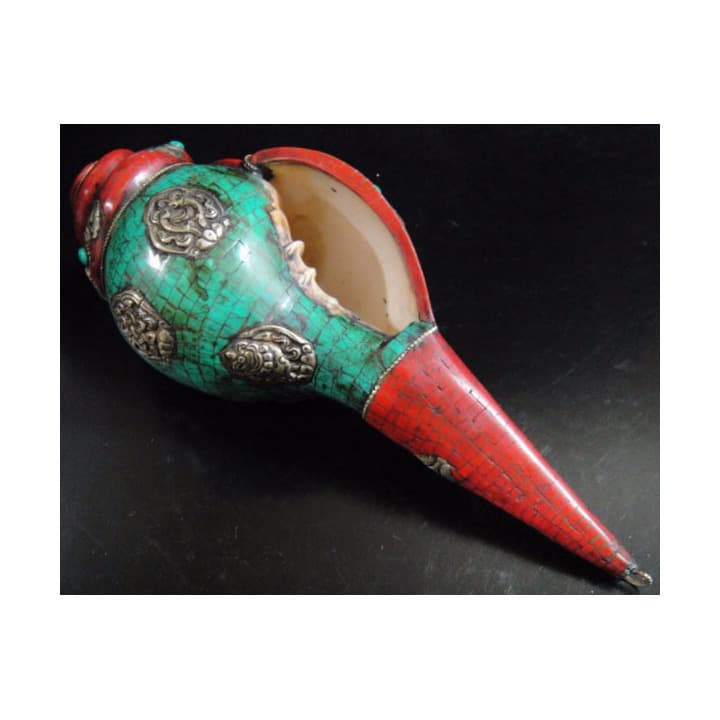 ◆チベット密教法具　法螺貝（シャンカ）八吉祥（タシタゲ）