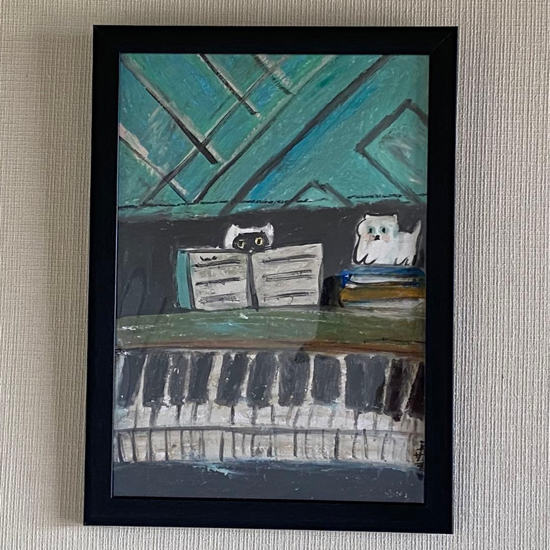 絵画。壁掛け原画【青い空の下のピアノの曲と楽しい猫たち】