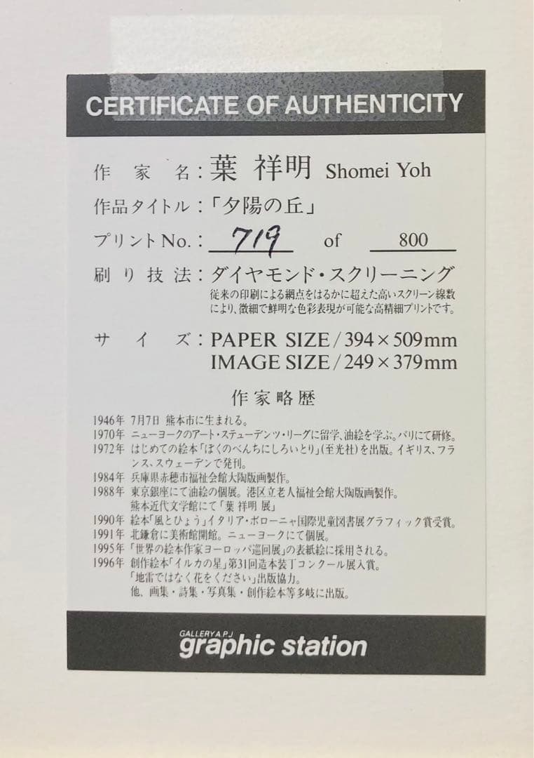 【真作保証】葉 祥明 「夕陽の丘」ダイヤモンドスクリーニング ED719/800