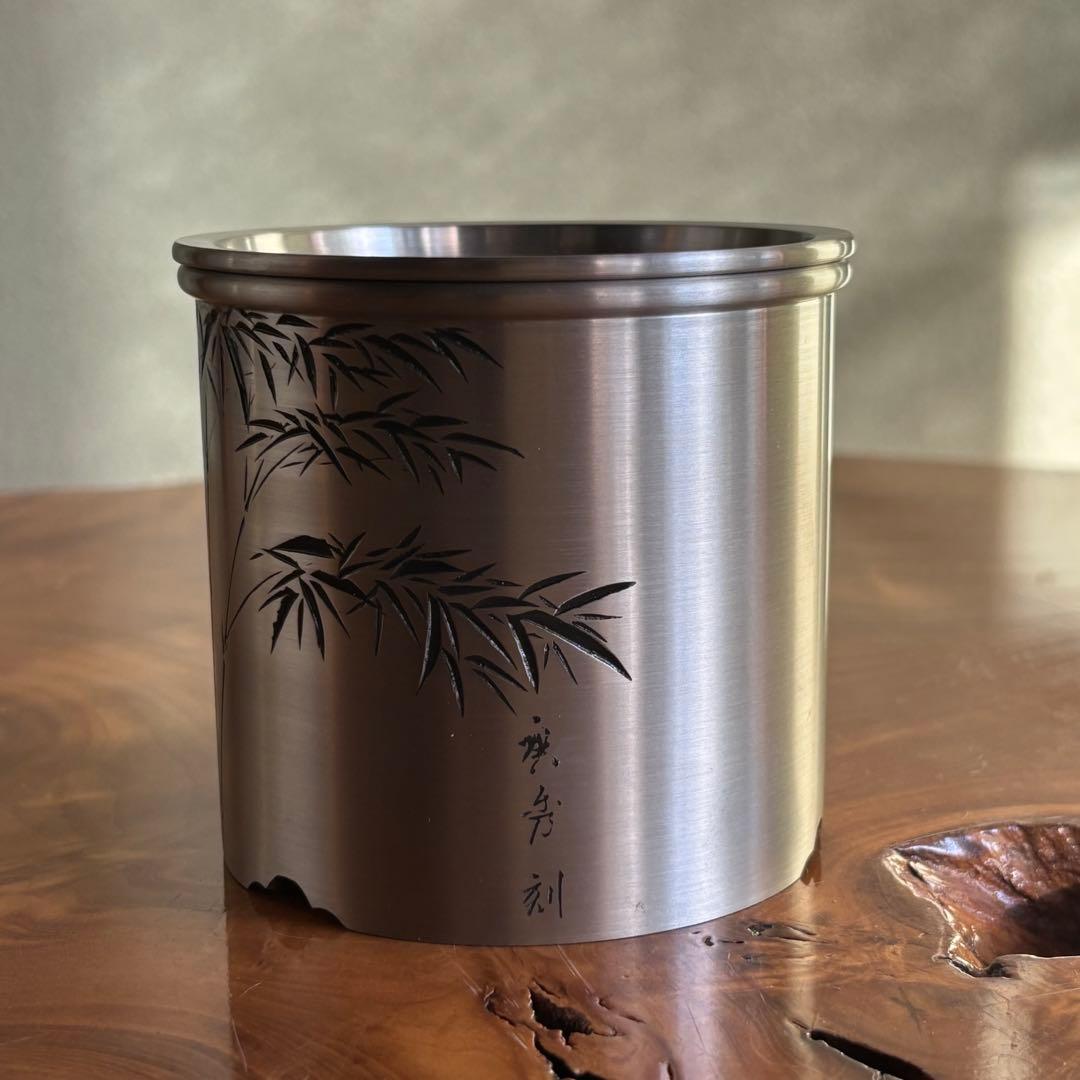 純錫　建水　鍛栄造　廣秀刻　茶道具　共箱