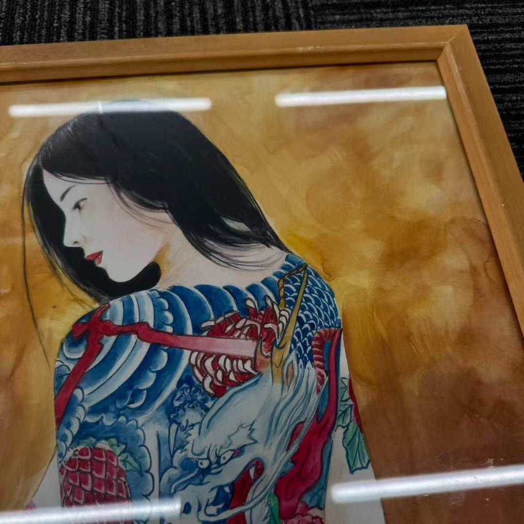 龍泉 リュウセン Ryu sen 額縁 刺青 菊と龍 水彩画 在銘 艶絵