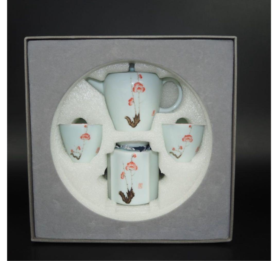 送料無料　中国方園　手描き梅文玉露茶器揃未使用　検/中国古玩骨董明代清代乾隆雍正