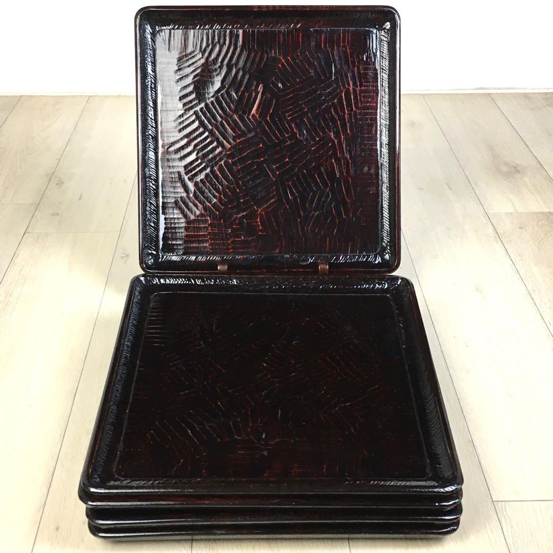 S369讃岐彫 四方盆 くり抜き盆 5客揃 懐石膳 茶懐石