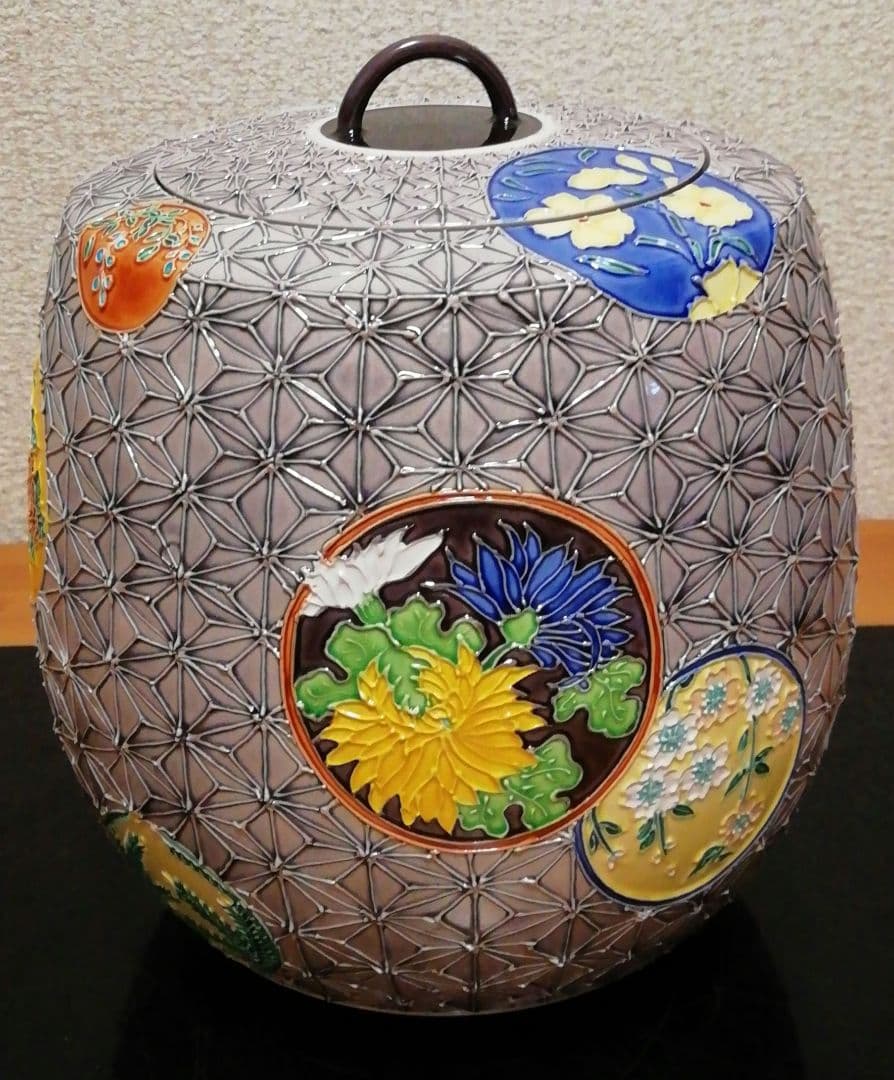 谷口翠雲作　淡紫　交趾　麻葉　四葉　水指　共箱　略歴付　茶道具