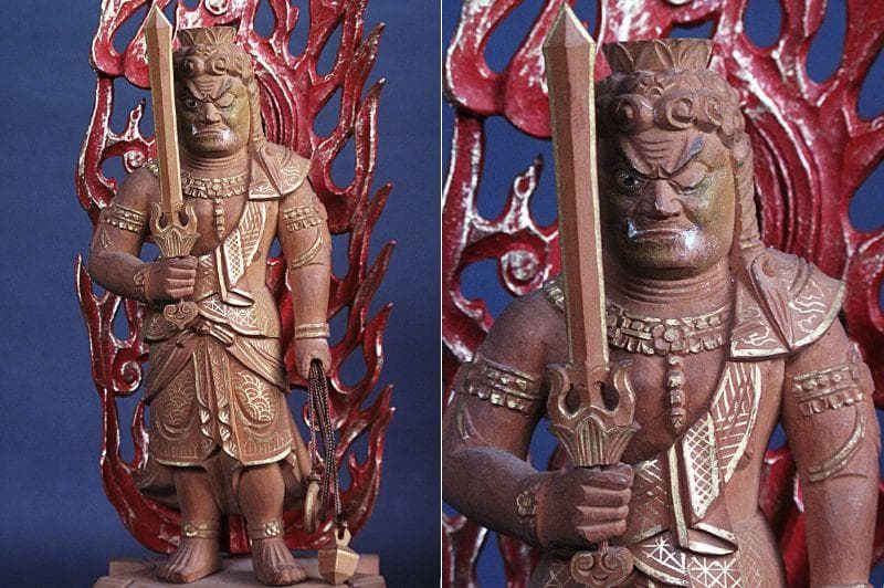 金泥淡彩色!!『木造 不動明王立像』総高25㎝ 像高13.6㎝