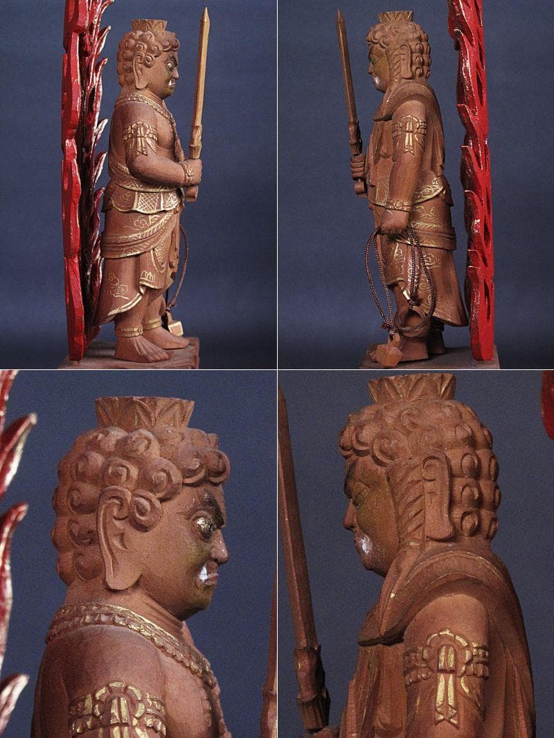 金泥淡彩色!!『木造 不動明王立像』総高25㎝ 像高13.6㎝