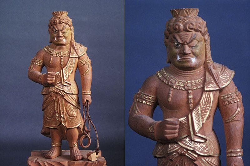 金泥淡彩色!!『木造 不動明王立像』総高25㎝ 像高13.6㎝