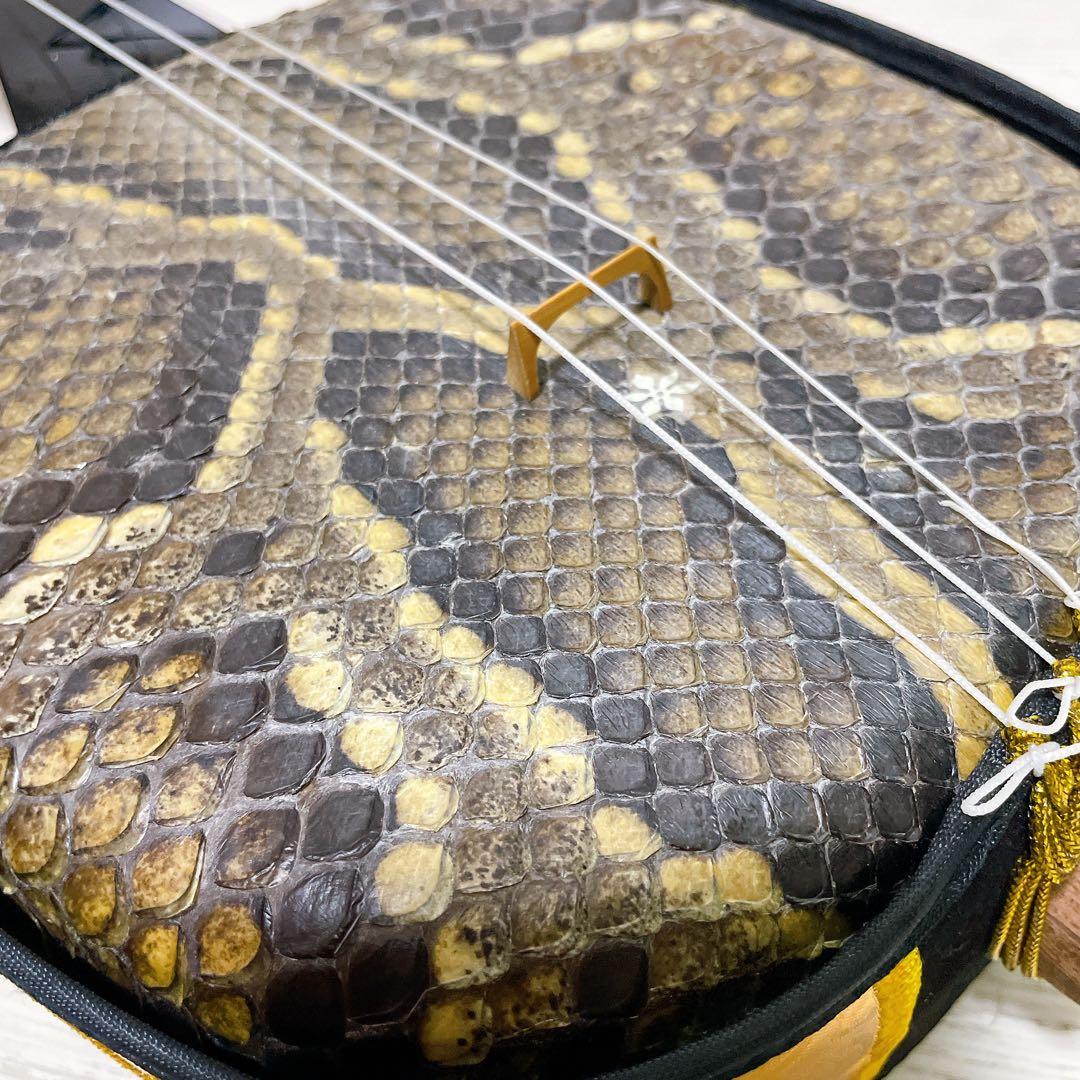 【美品】沖縄三線 本革 蛇柄 強化張り 沖縄三味線 和楽器 ソフトケース