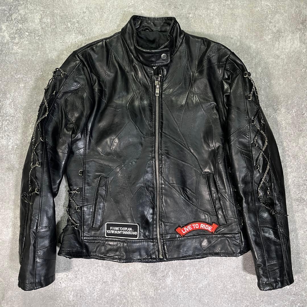 バッファロー レザー ライダースジャケット つぎはぎ 黒 ワッペン　イーグル