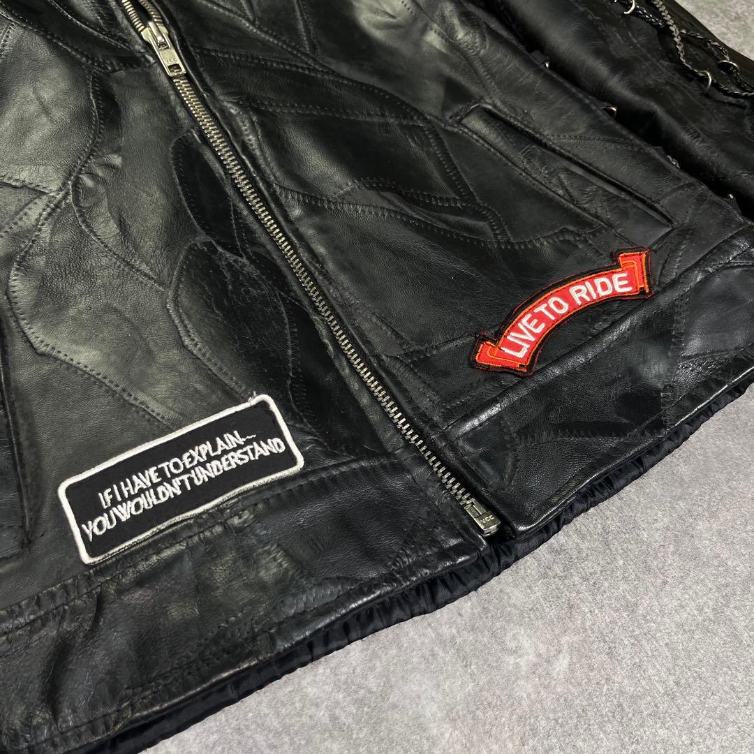 バッファロー レザー ライダースジャケット つぎはぎ 黒 ワッペン　イーグル