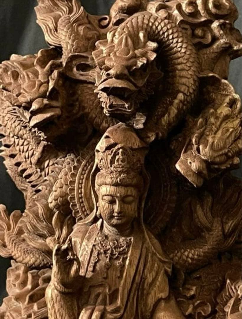 仏教工芸品　総楠製　井波彫刻　一刀彫　極上彫　木彫仏像　九龍観音菩薩立像