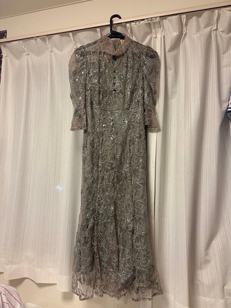 LEJA スパンコール花柄刺繍ソフトパフスリーブマーメイドラインドレスワンピース